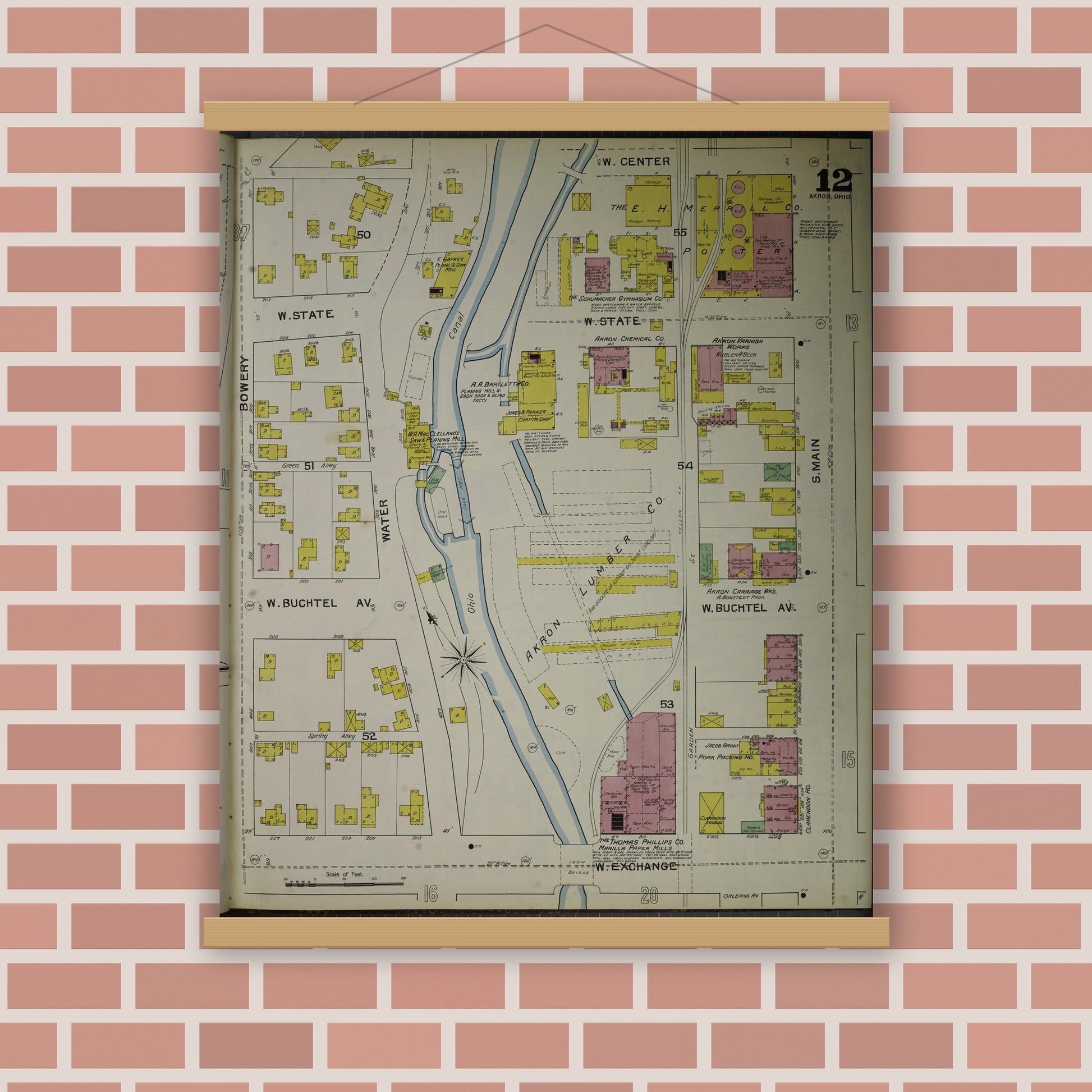 Old map wall art mockup — magnetic wood frame on brick wall — Sanborn Fire Insurance Map from Akron, Summit County, Ohio (1892), Sheet #0012