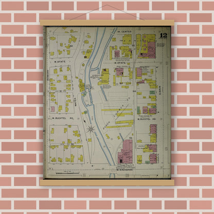Old map wall art mockup — magnetic wood frame on brick wall — Sanborn Fire Insurance Map from Akron, Summit County, Ohio (1892), Sheet #0012