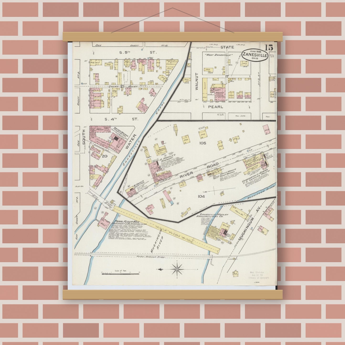 Old map wall art mockup — magnetic wood frame on brick wall — Sanborn Fire Insurance Map from Zanesville, Muskingum County, Ohio (1886), Sheet #0015