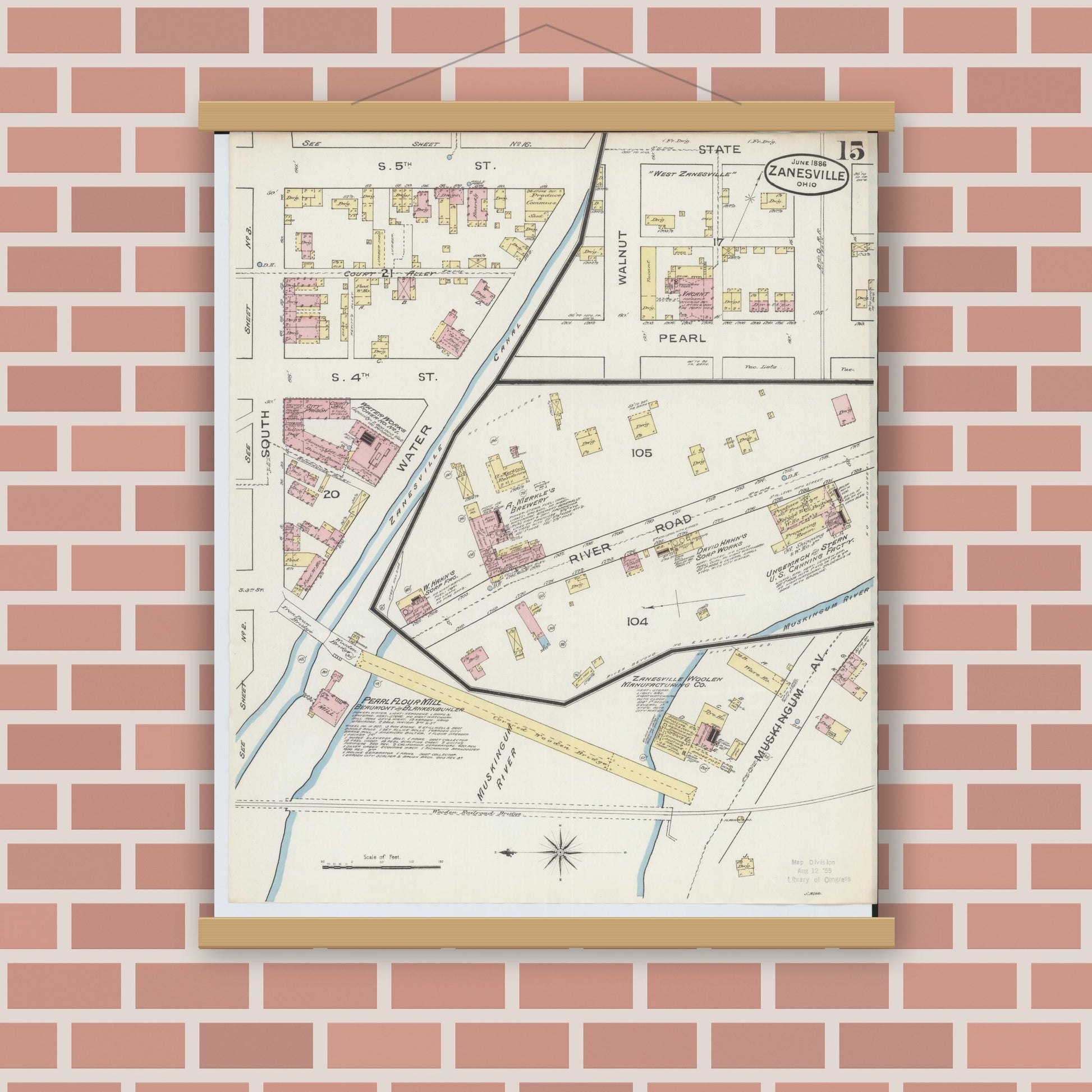 Old map wall art mockup — magnetic wood frame on brick wall — Sanborn Fire Insurance Map from Zanesville, Muskingum County, Ohio (1886), Sheet #0015
