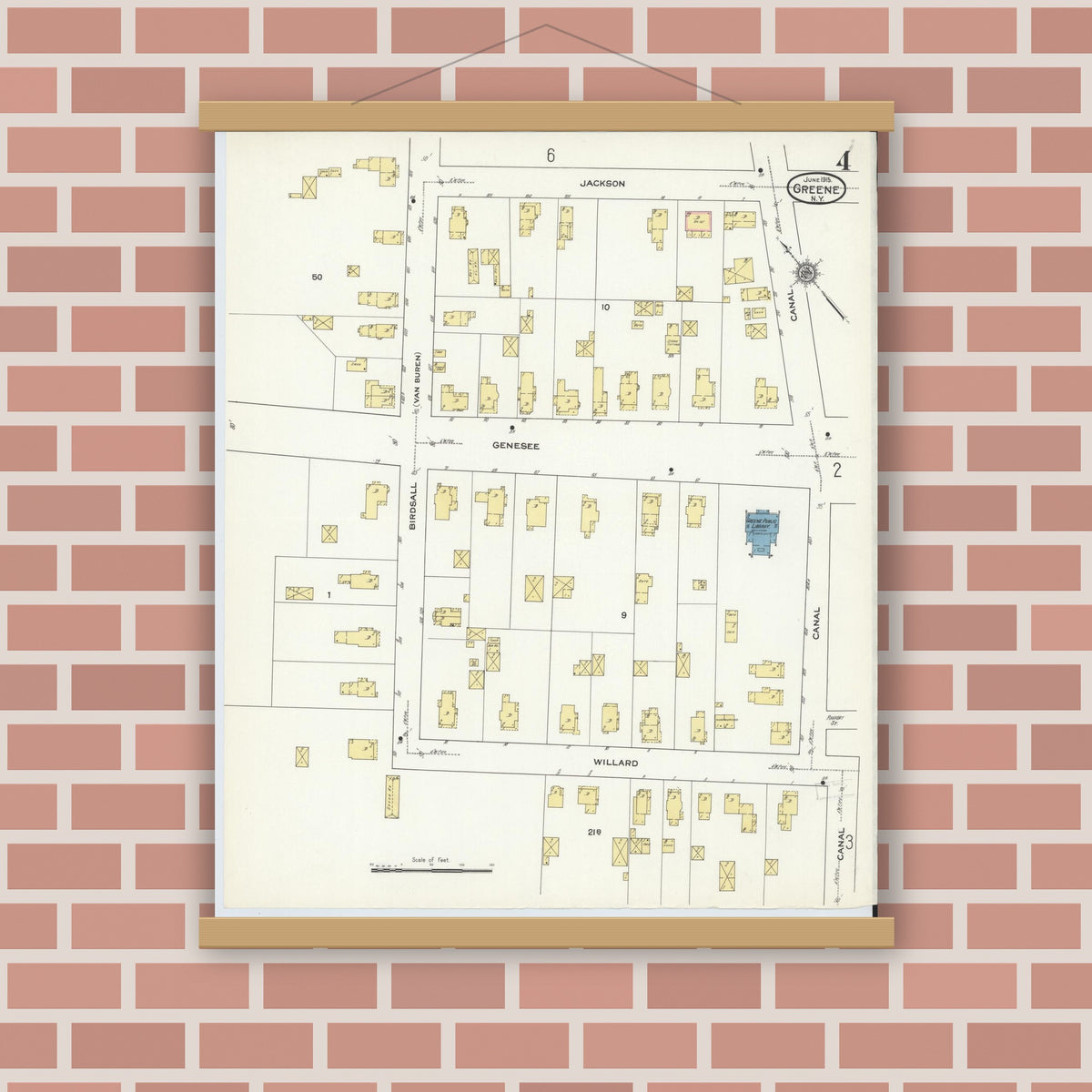 Old map wall art mockup — magnetic wood frame on brick wall — Sanborn Fire Insurance Map from Greene, Chenango County, New York (1915), Sheet #0004