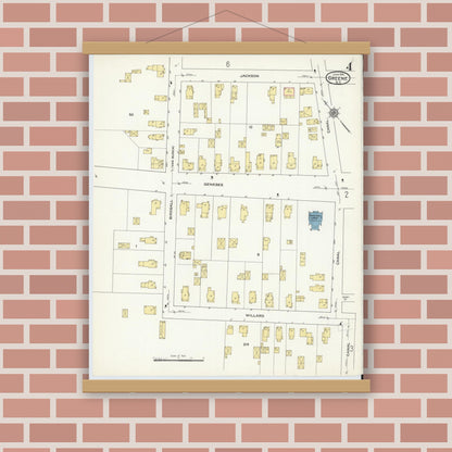 Old map wall art mockup — magnetic wood frame on brick wall — Sanborn Fire Insurance Map from Greene, Chenango County, New York (1915), Sheet #0004