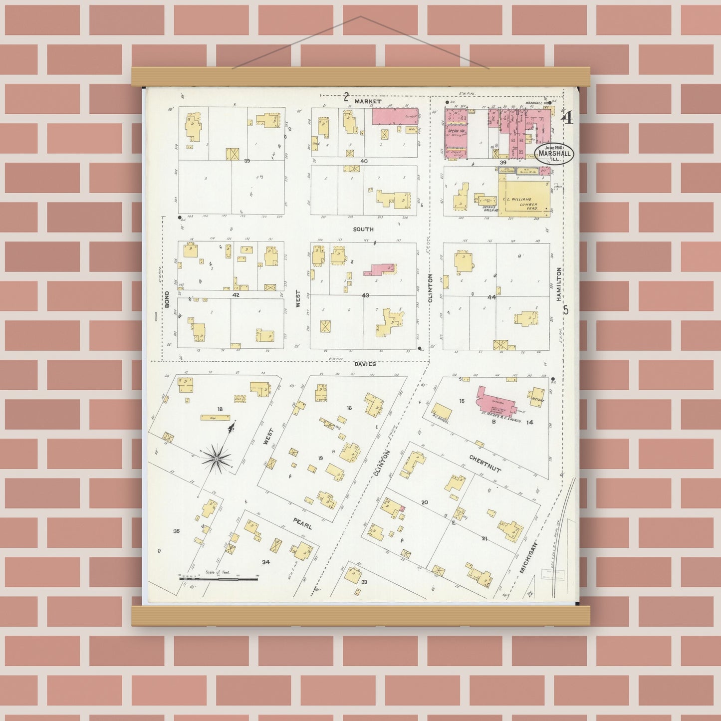 Old map wall art mockup — magnetic wood frame on brick wall — Sanborn Fire Insurance Map from Marshall, Clark County, Illinois (1906), Sheet #0004