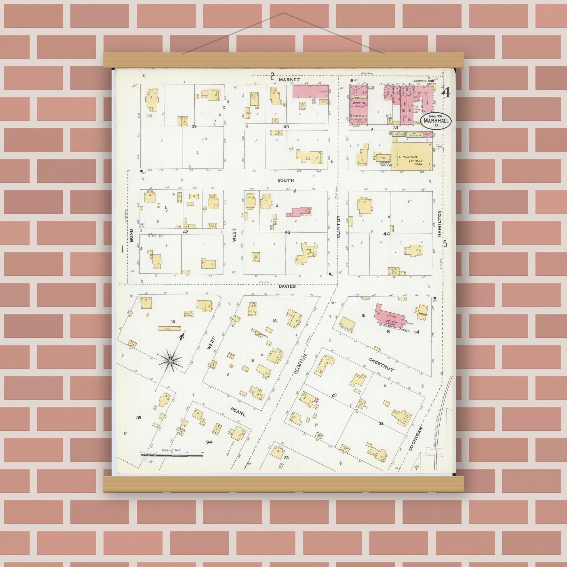Old map wall art mockup — magnetic wood frame on brick wall — Sanborn Fire Insurance Map from Marshall, Clark County, Illinois (1906), Sheet #0004
