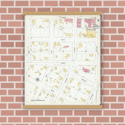 Old map wall art mockup — magnetic wood frame on brick wall — Sanborn Fire Insurance Map from Marshall, Clark County, Illinois (1906), Sheet #0004