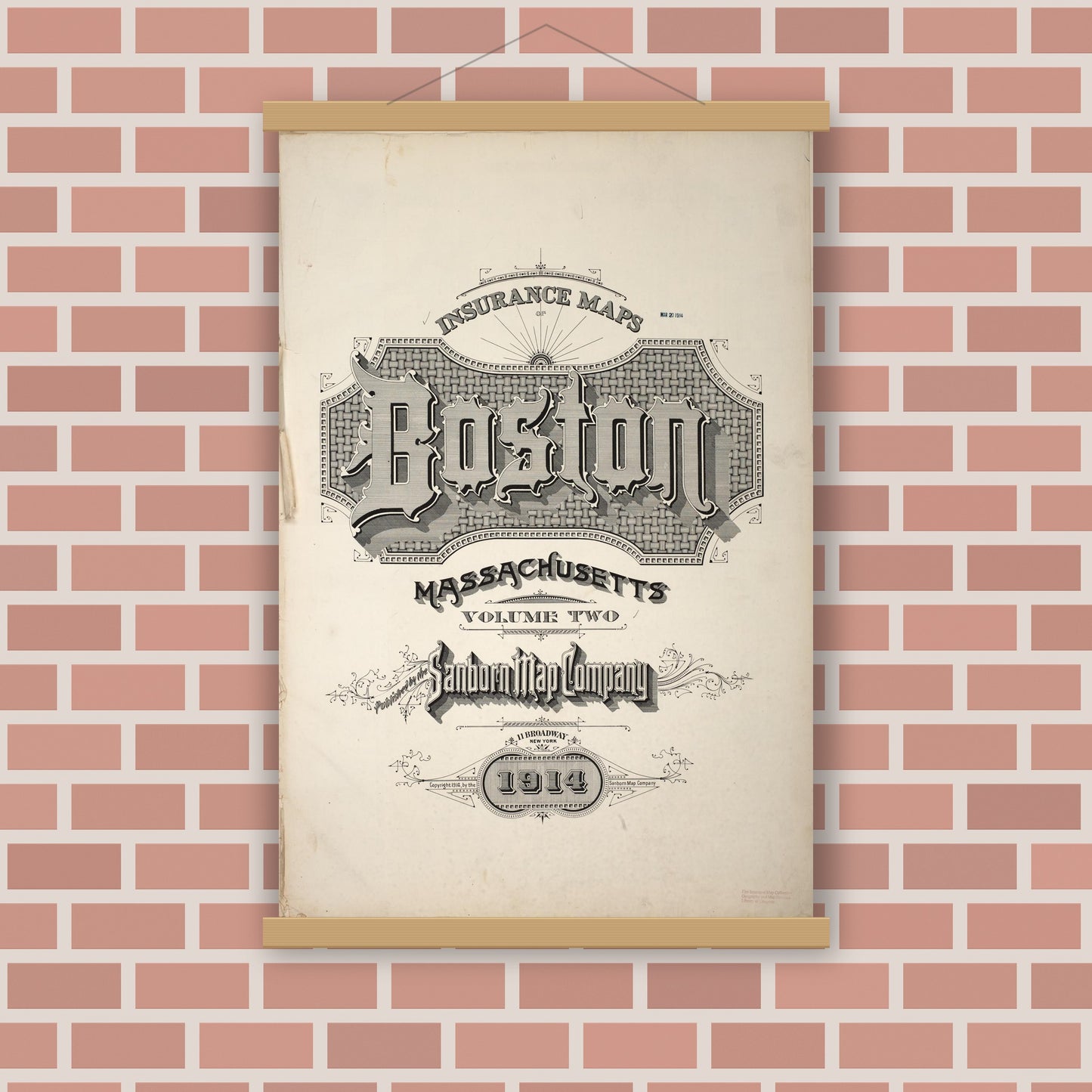 Old map wall art mockup — magnetic wood frame on brick wall — Sanborn Fire Insurance Map from Boston, Suffolk County, Massachusetts (1914), Sheet #0001 TITLE PAGE ART
