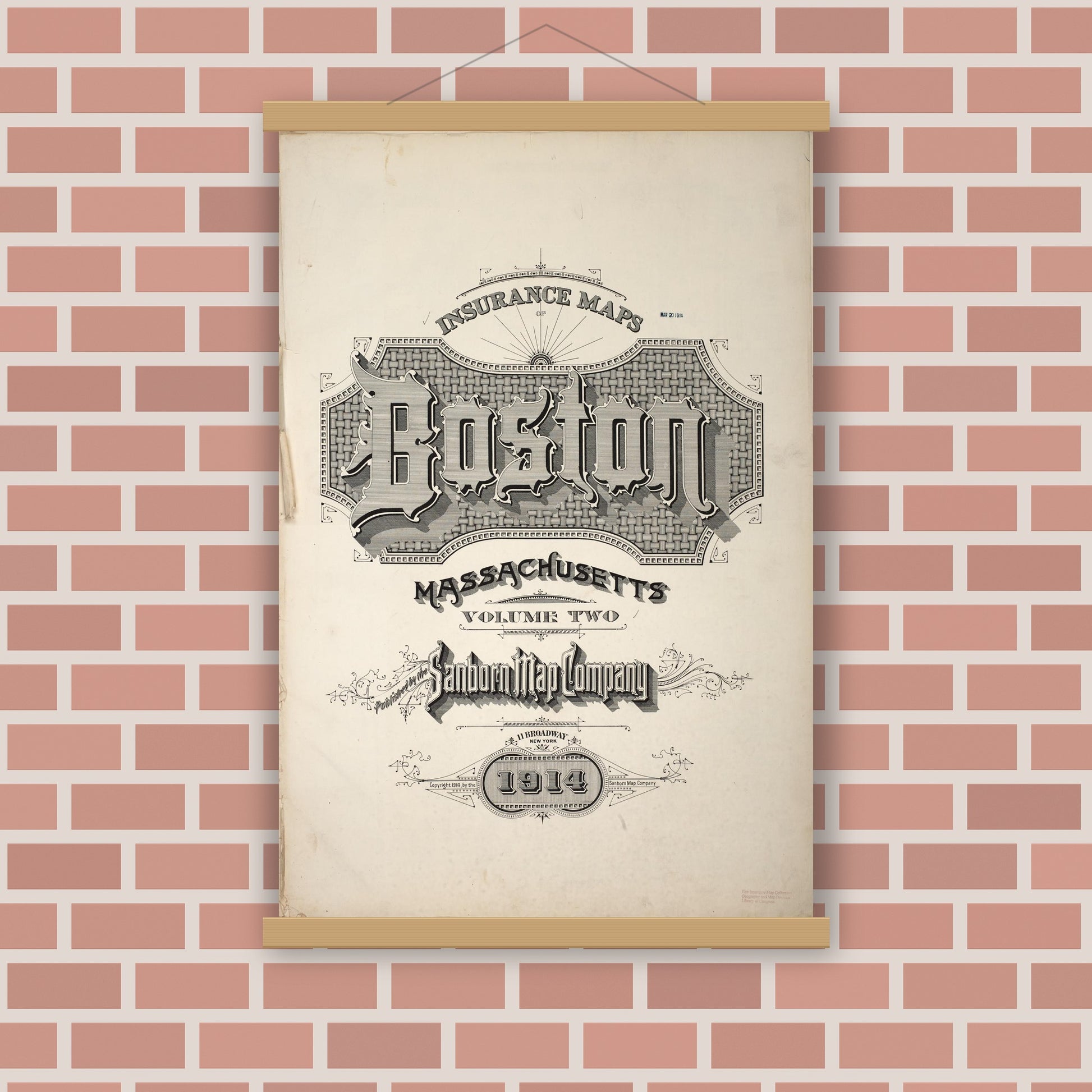 Old map wall art mockup — magnetic wood frame on brick wall — Sanborn Fire Insurance Map from Boston, Suffolk County, Massachusetts (1914), Sheet #0001 TITLE PAGE ART