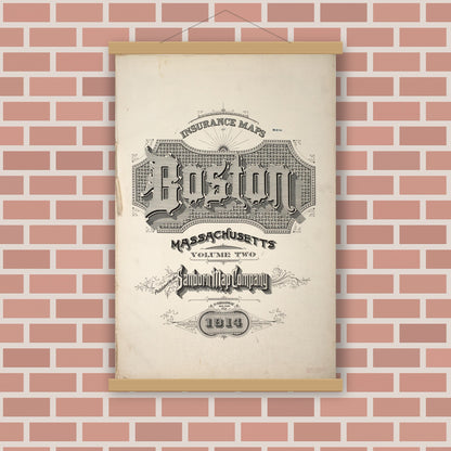 Old map wall art mockup — magnetic wood frame on brick wall — Sanborn Fire Insurance Map from Boston, Suffolk County, Massachusetts (1914), Sheet #0001 TITLE PAGE ART