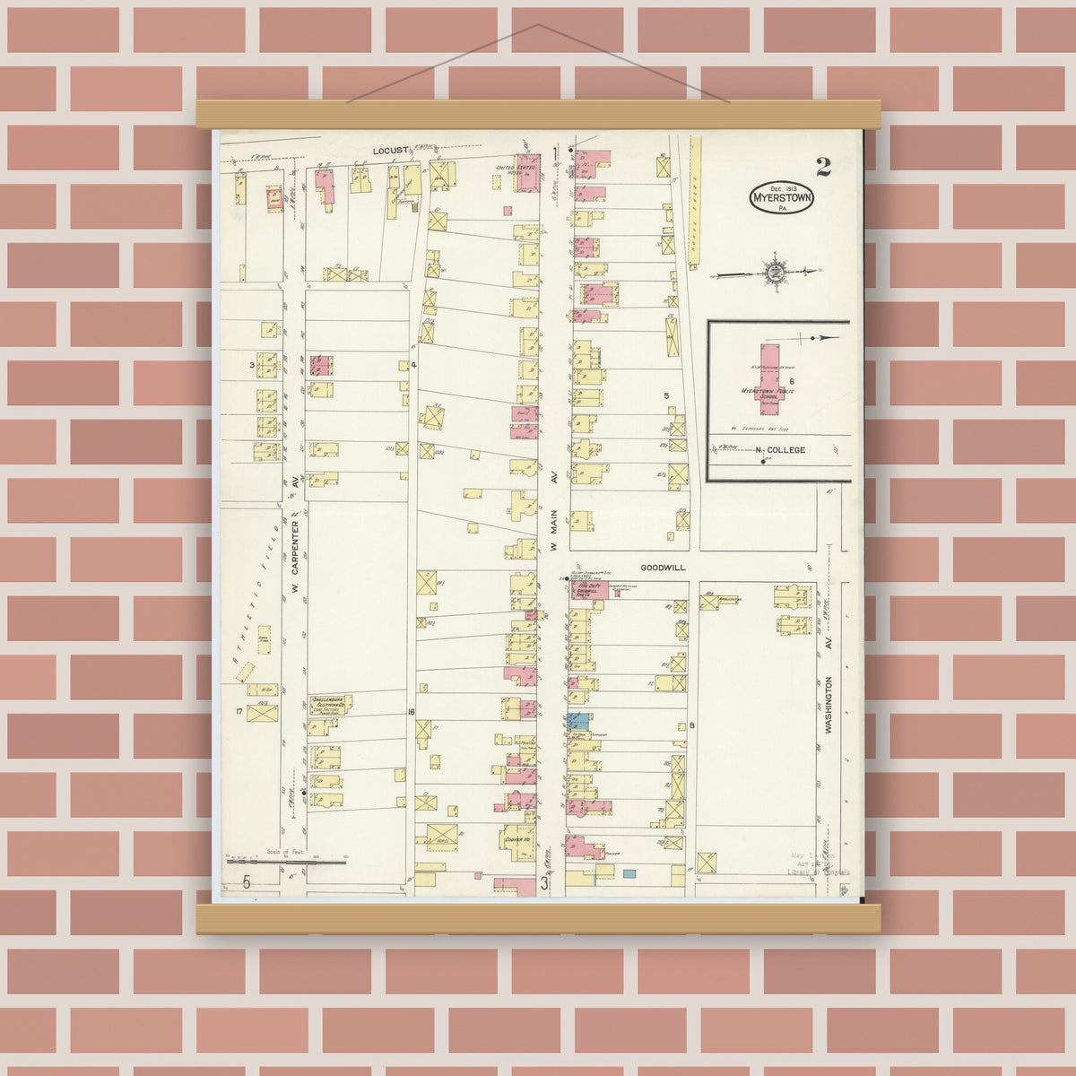 Old map wall art mockup — magnetic wood frame on brick wall — Sanborn Fire Insurance Map from Myerstown, Lebanon County, Pennsylvania (1913), Sheet #0002