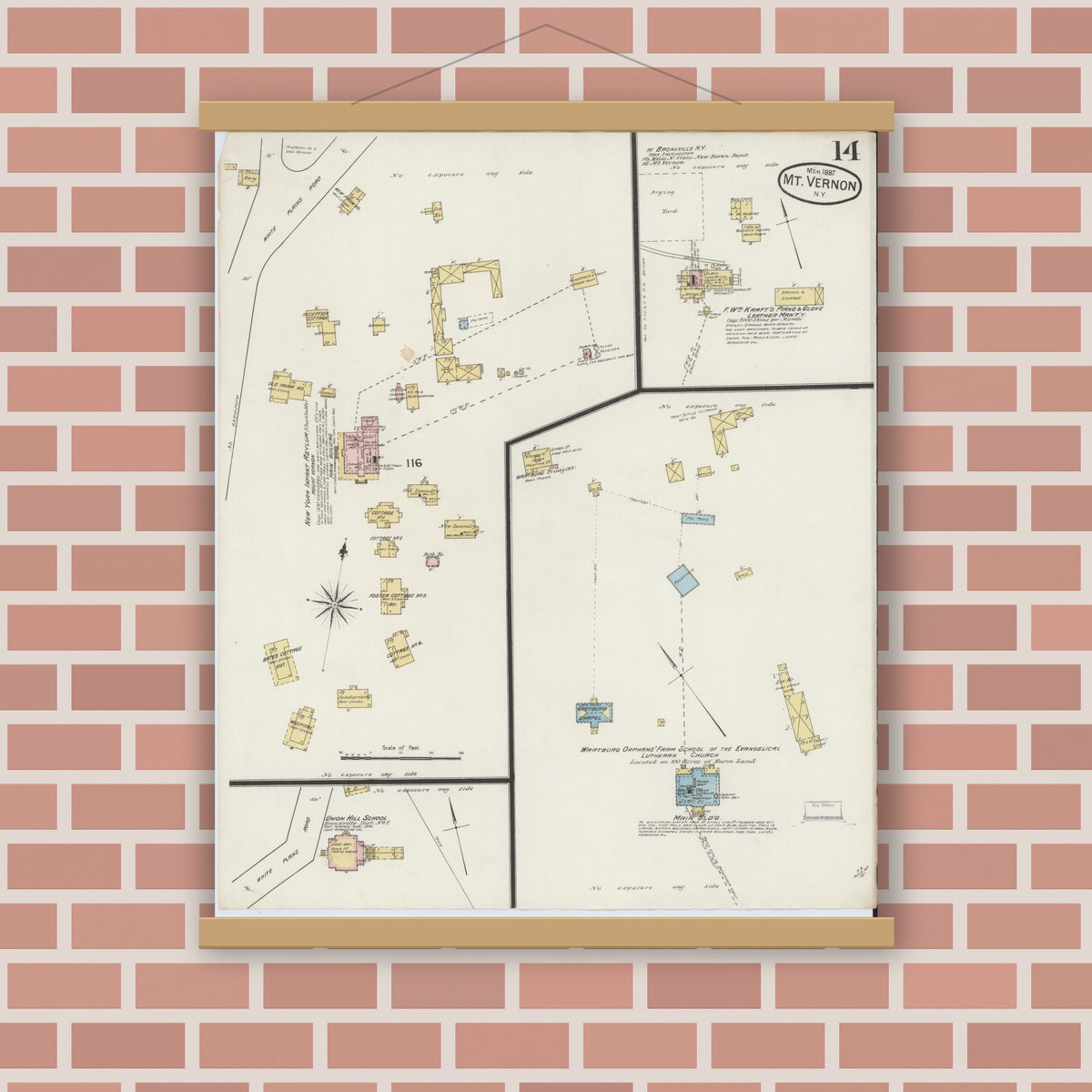Old map wall art mockup — magnetic wood frame on brick wall — Sanborn Fire Insurance Map from Mount Vernon, Westchester County, New York (1887), Sheet #0014