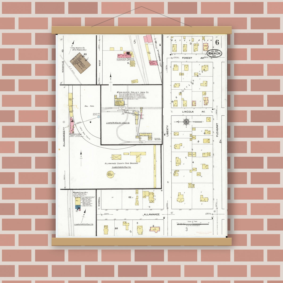 Old map wall art mockup — magnetic wood frame on brick wall — Sanborn Fire Insurance Map from Waukon, Allamakee County, Iowa (1920), Sheet #0006