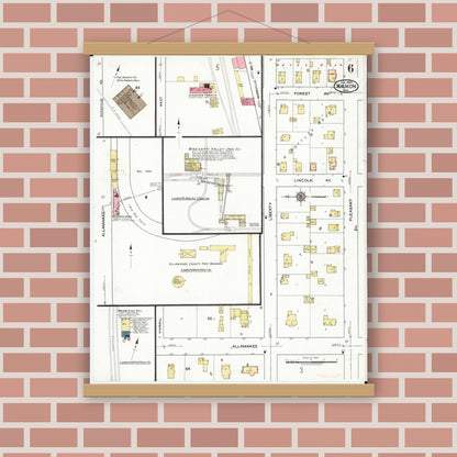 Old map wall art mockup — magnetic wood frame on brick wall — Sanborn Fire Insurance Map from Waukon, Allamakee County, Iowa (1920), Sheet #0006