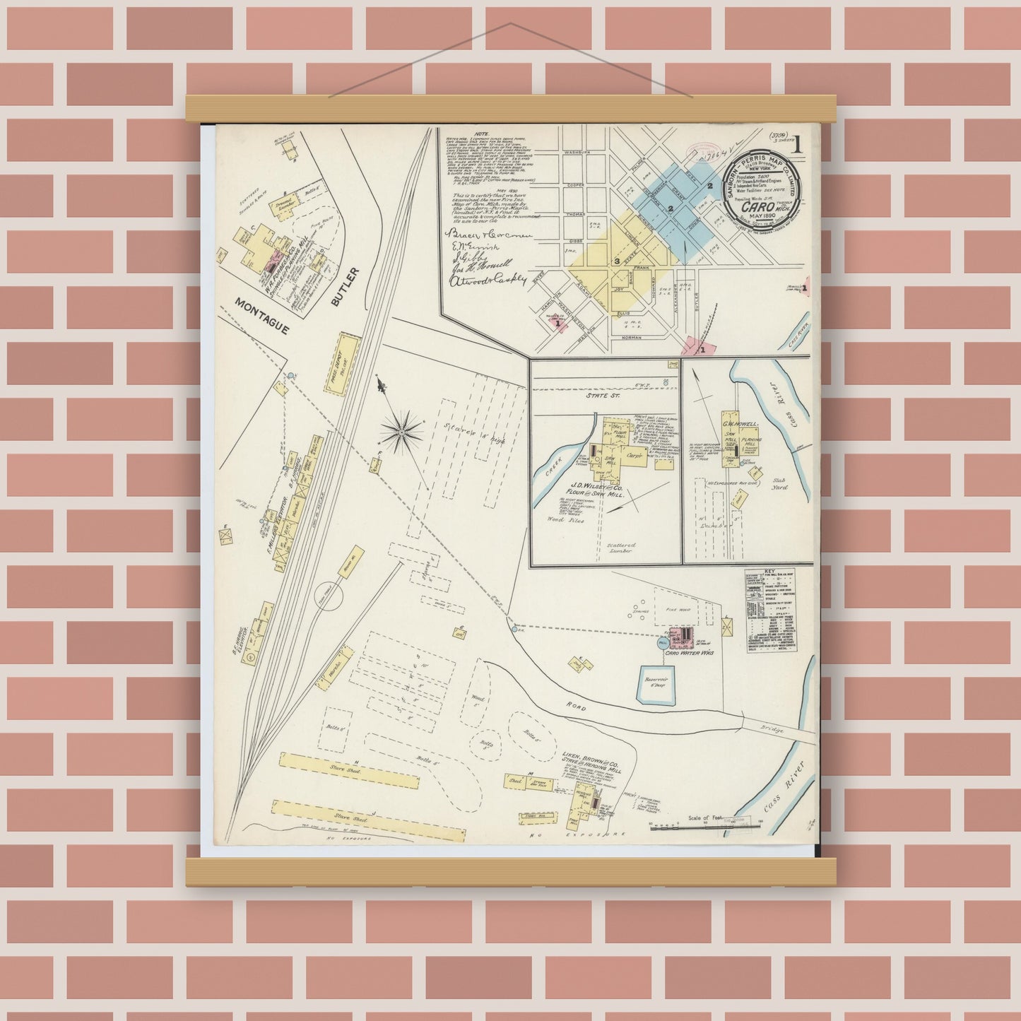 Old map wall art mockup — magnetic wood frame on brick wall — Sanborn Fire Insurance Map from Caro, Tuscola County, Michigan (1890) - Complete Map Set