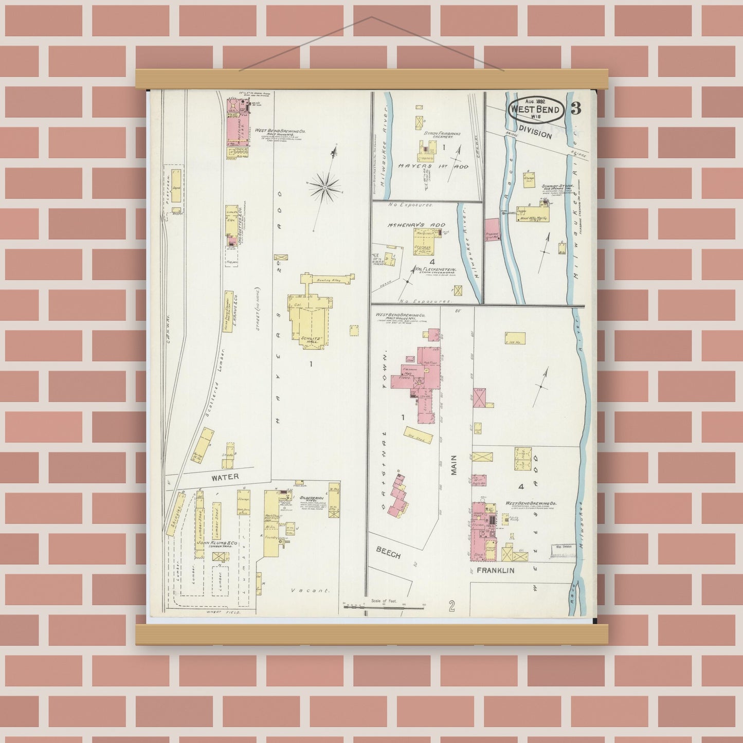 Old map wall art mockup — magnetic wood frame on brick wall — Sanborn Fire Insurance Map from West Bend, Washington County, Wisconsin (1892), Sheet #0003