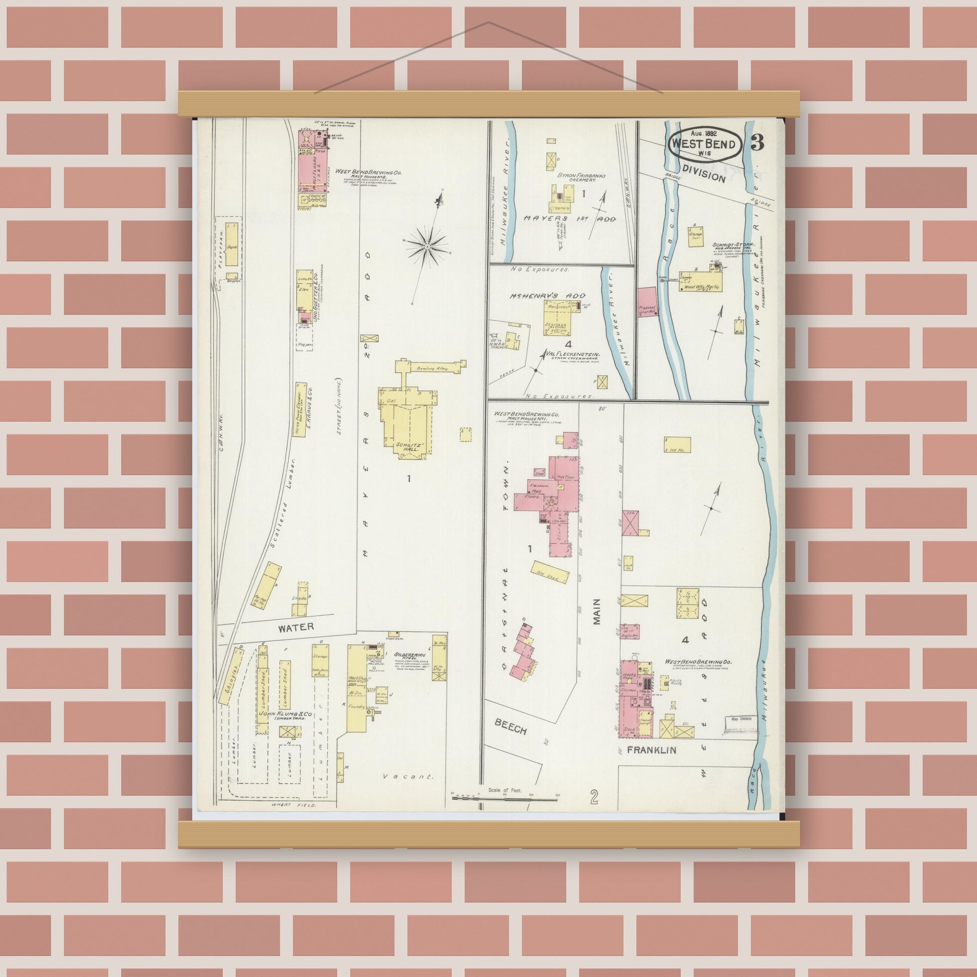 Old map wall art mockup — magnetic wood frame on brick wall — Sanborn Fire Insurance Map from West Bend, Washington County, Wisconsin (1892), Sheet #0003