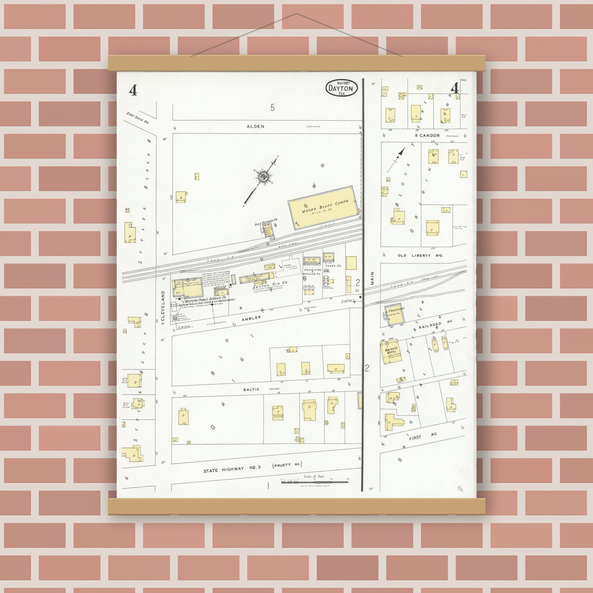 Old map wall art mockup — magnetic wood frame on brick wall — Sanborn Fire Insurance Map from Dayton, Liberty County, Texas (1927), Sheet #0004