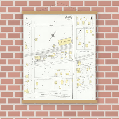 Old map wall art mockup — magnetic wood frame on brick wall — Sanborn Fire Insurance Map from Dayton, Liberty County, Texas (1927), Sheet #0004