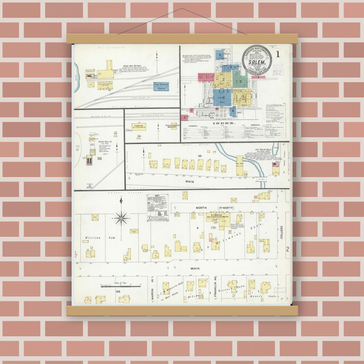 Old map wall art mockup — magnetic wood frame on brick wall — Sanborn Fire Insurance Map from Salem, Marion County, Illinois (1908), Sheet #0001