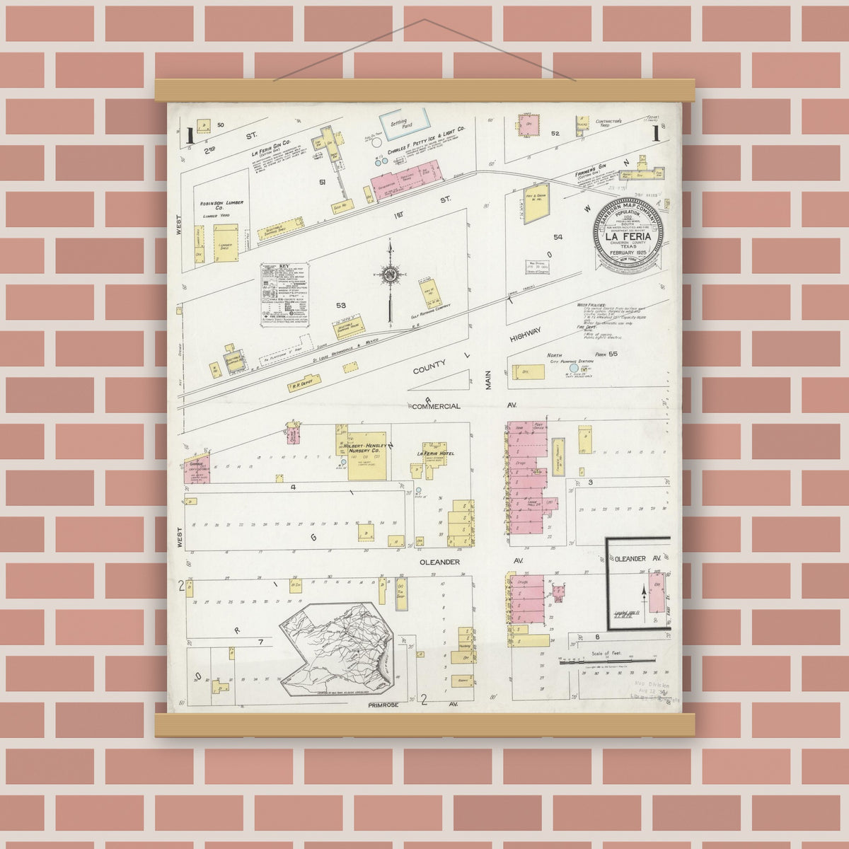 Old map wall art mockup — magnetic wood frame on brick wall — Sanborn Fire Insurance Map from La Feria, Cameron County, Texas (1925) - Complete Map Set