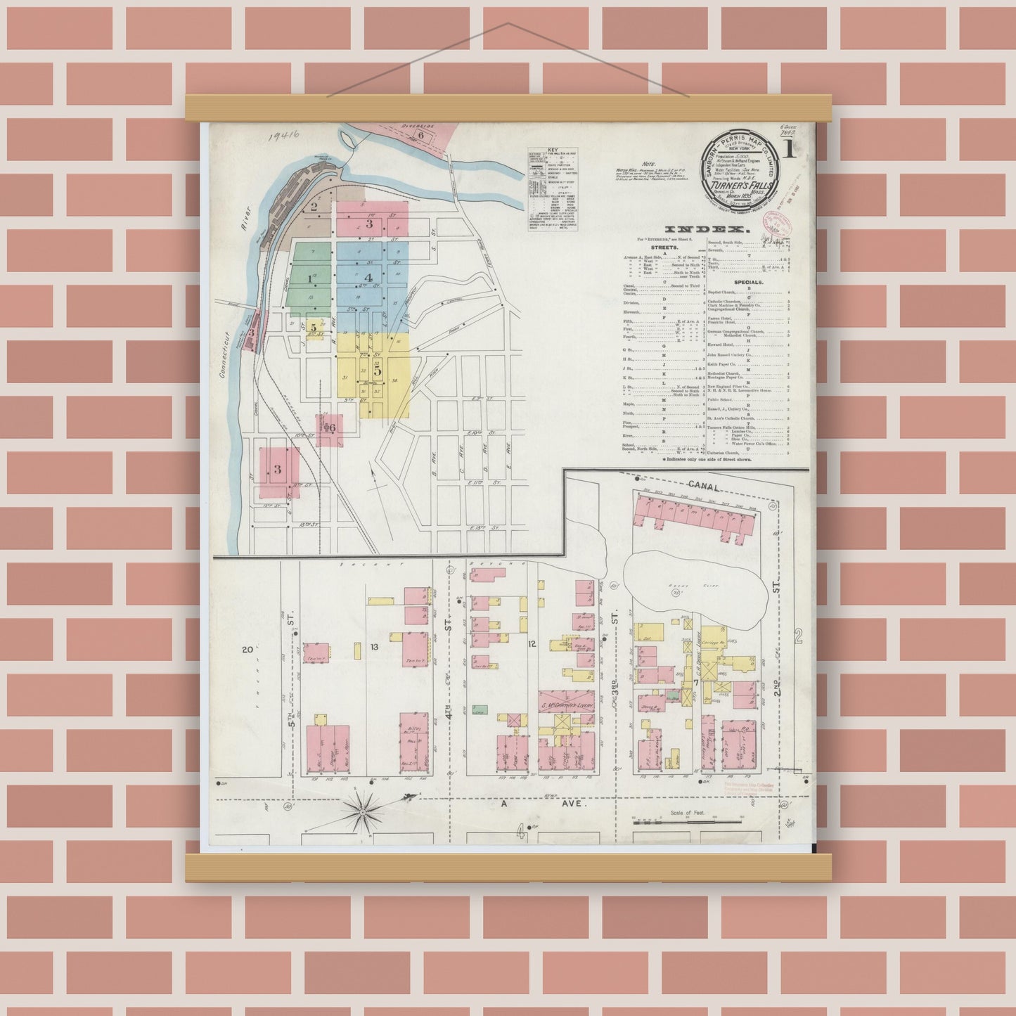 Old map wall art mockup — magnetic wood frame on brick wall — Sanborn Fire Insurance Map from Turners Falls, Franklin County, Massachusetts (1895) - Complete Map Set