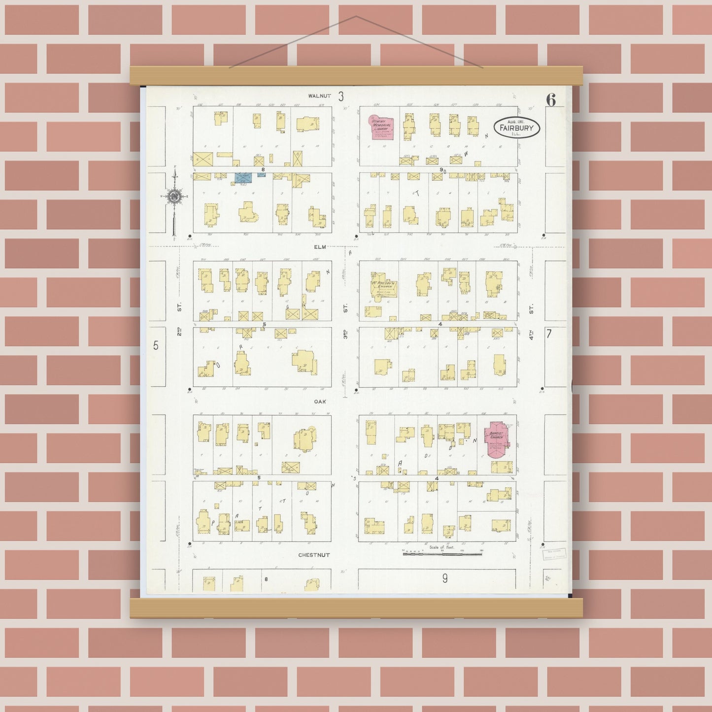 Old map wall art mockup — magnetic wood frame on brick wall — Sanborn Fire Insurance Map from Fairbury, Livingston County, Illinois (1911), Sheet #0006
