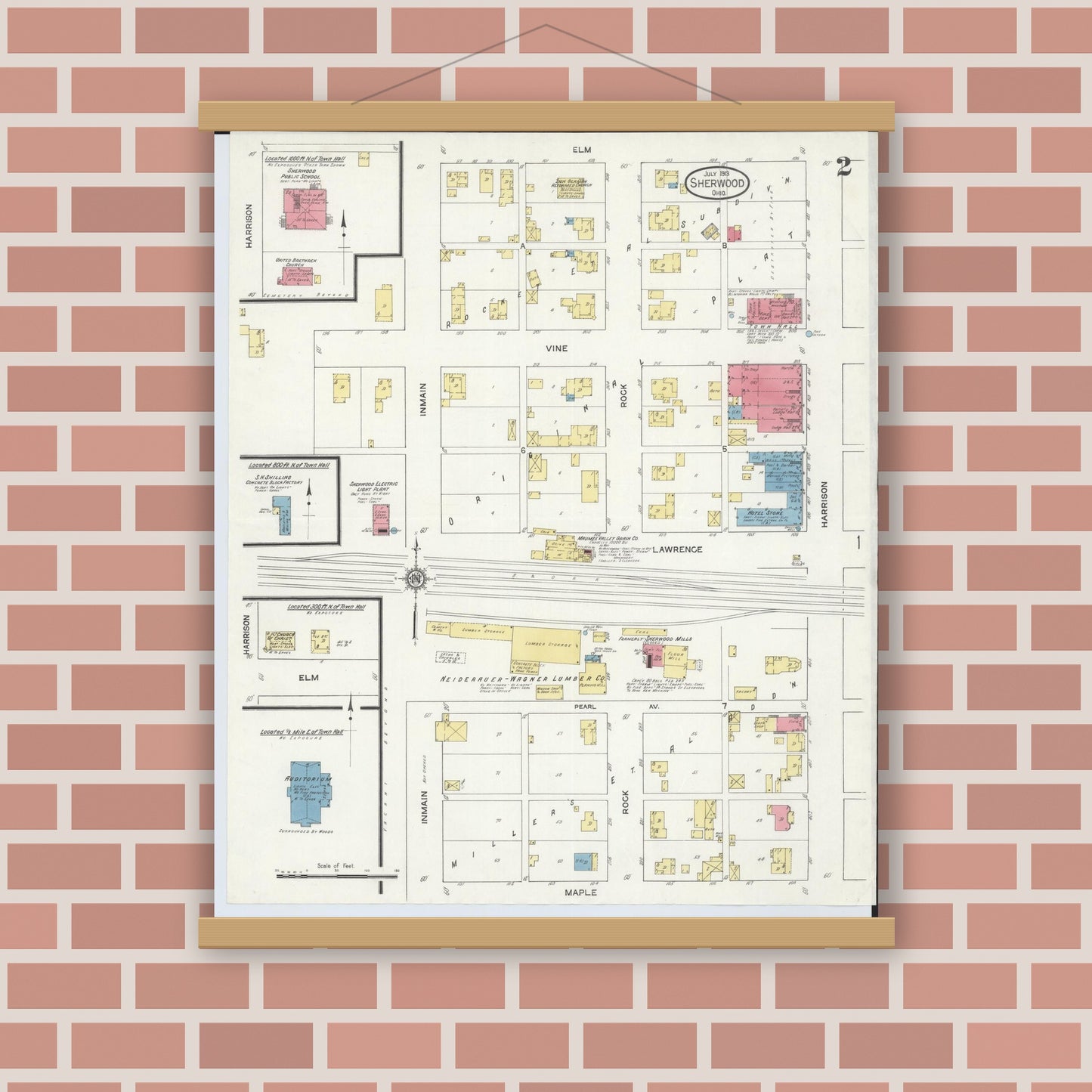 Old map wall art mockup — magnetic wood frame on brick wall — Sanborn Fire Insurance Map from Sherwood, Defiance County, Ohio (1913), Sheet #0002