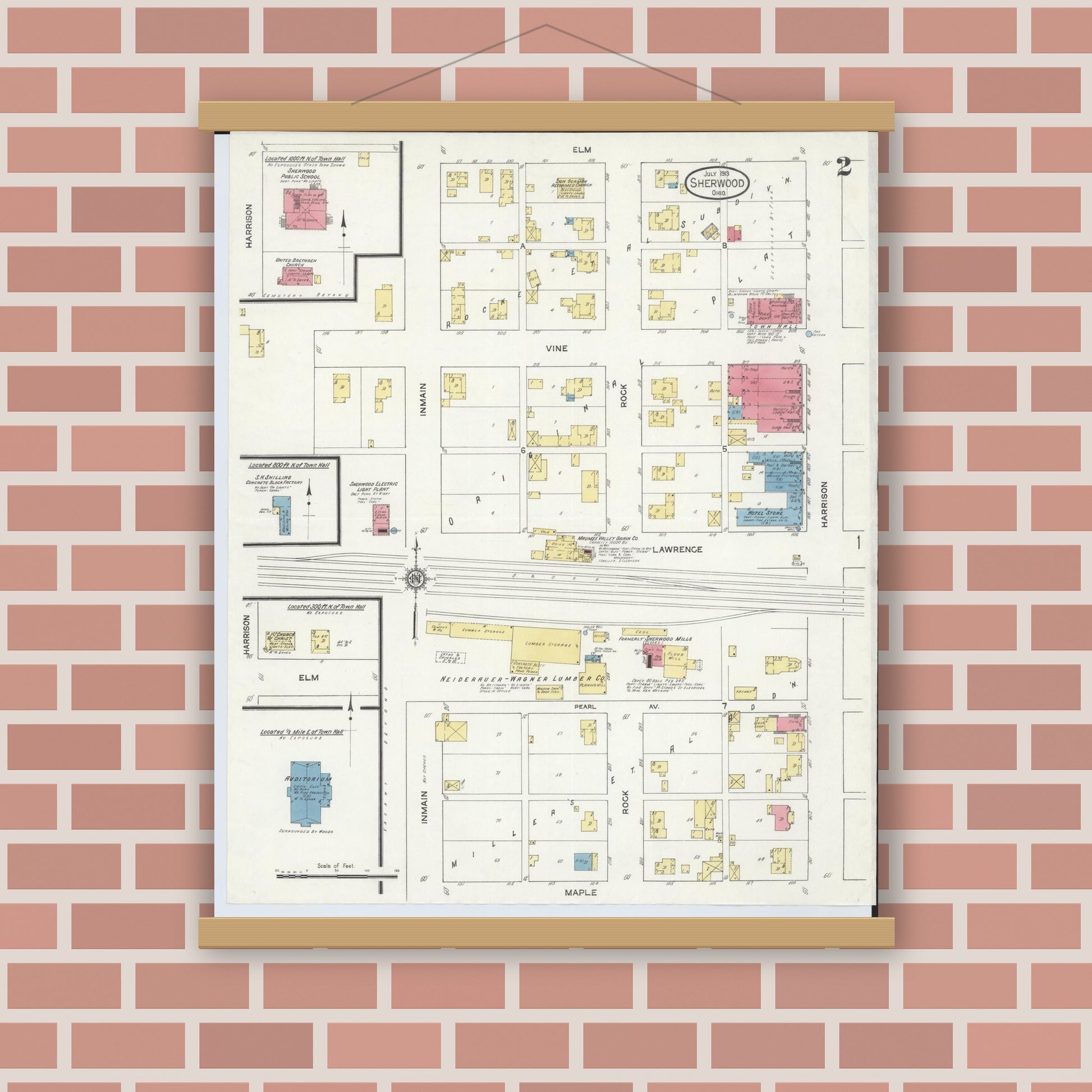 Old map wall art mockup — magnetic wood frame on brick wall — Sanborn Fire Insurance Map from Sherwood, Defiance County, Ohio (1913), Sheet #0002