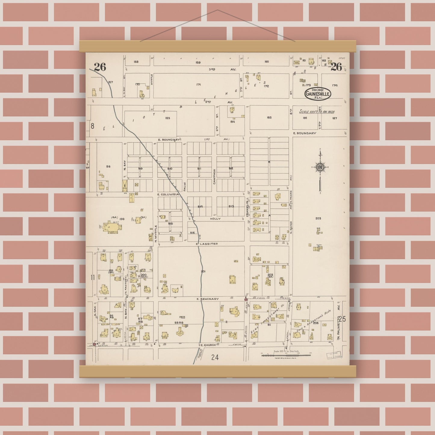 Old map wall art mockup — magnetic wood frame on brick wall — Sanborn Fire Insurance Map from Gainesville, Alachua County, Florida (1922), Sheet #0026