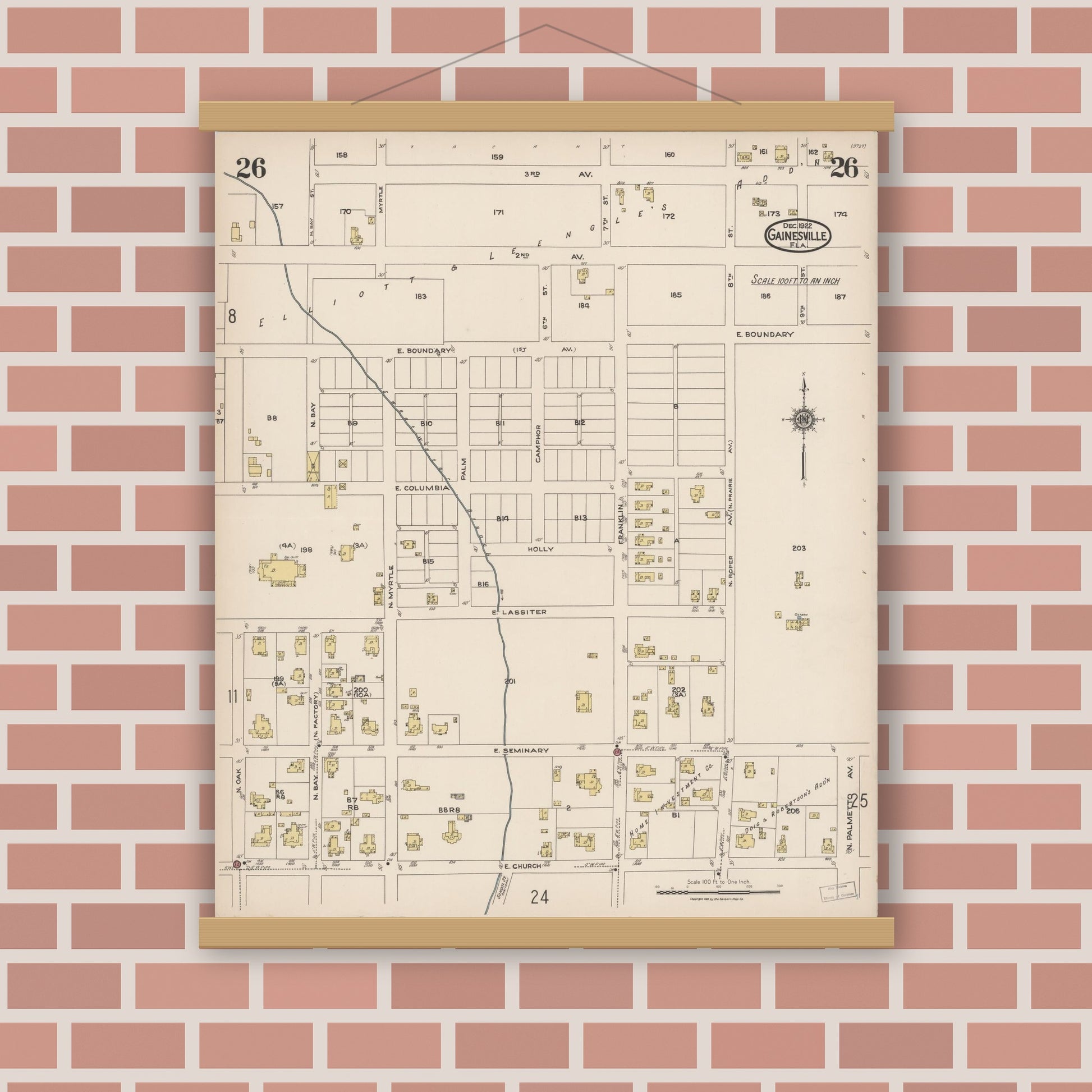 Old map wall art mockup — magnetic wood frame on brick wall — Sanborn Fire Insurance Map from Gainesville, Alachua County, Florida (1922), Sheet #0026