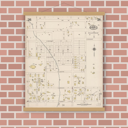 Old map wall art mockup — magnetic wood frame on brick wall — Sanborn Fire Insurance Map from Gainesville, Alachua County, Florida (1922), Sheet #0026