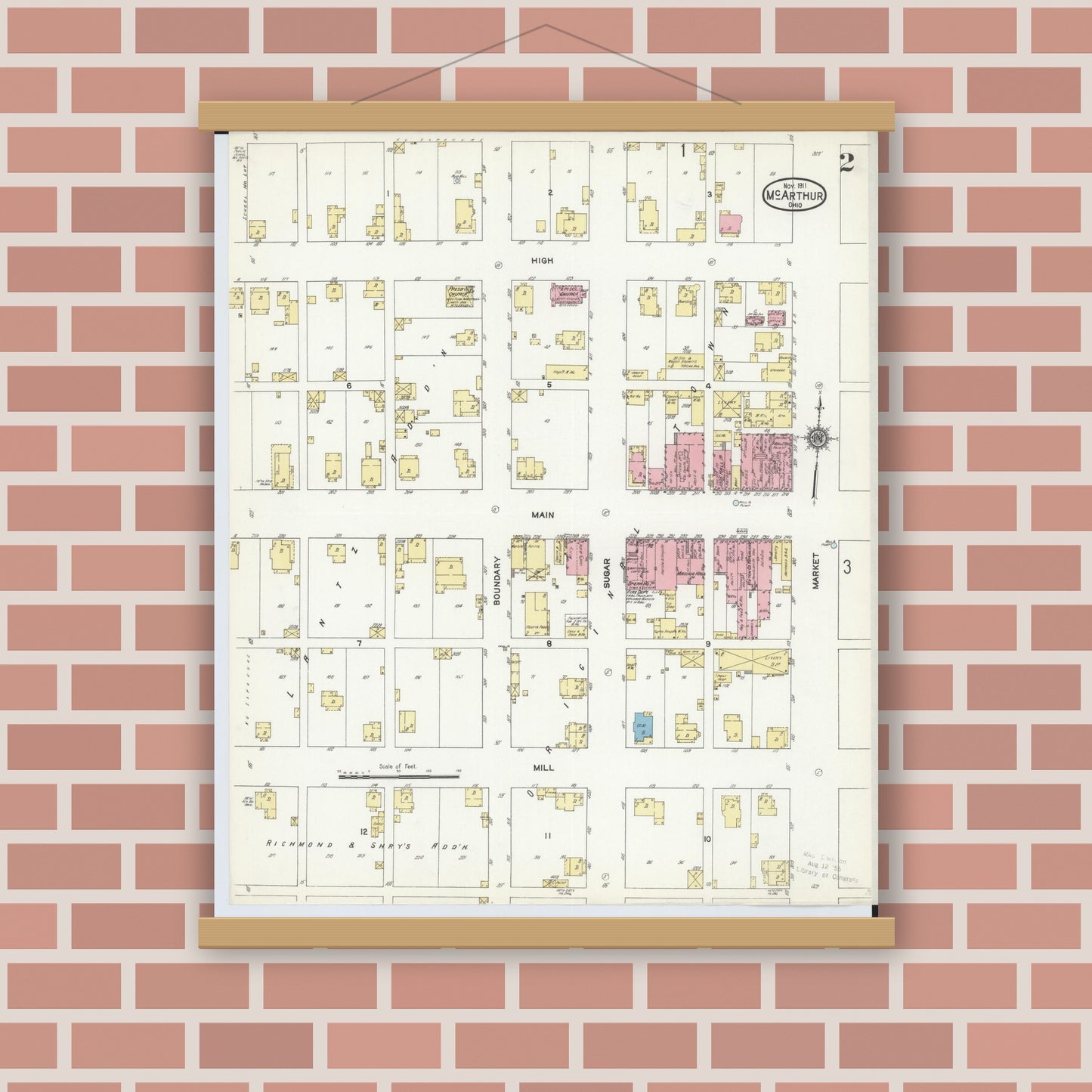 Old map wall art mockup — magnetic wood frame on brick wall — Sanborn Fire Insurance Map from McArthur, Vinton County, Ohio (1911), Sheet #0002