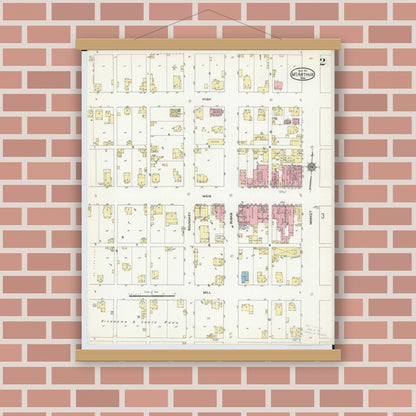 Old map wall art mockup — magnetic wood frame on brick wall — Sanborn Fire Insurance Map from McArthur, Vinton County, Ohio (1911), Sheet #0002