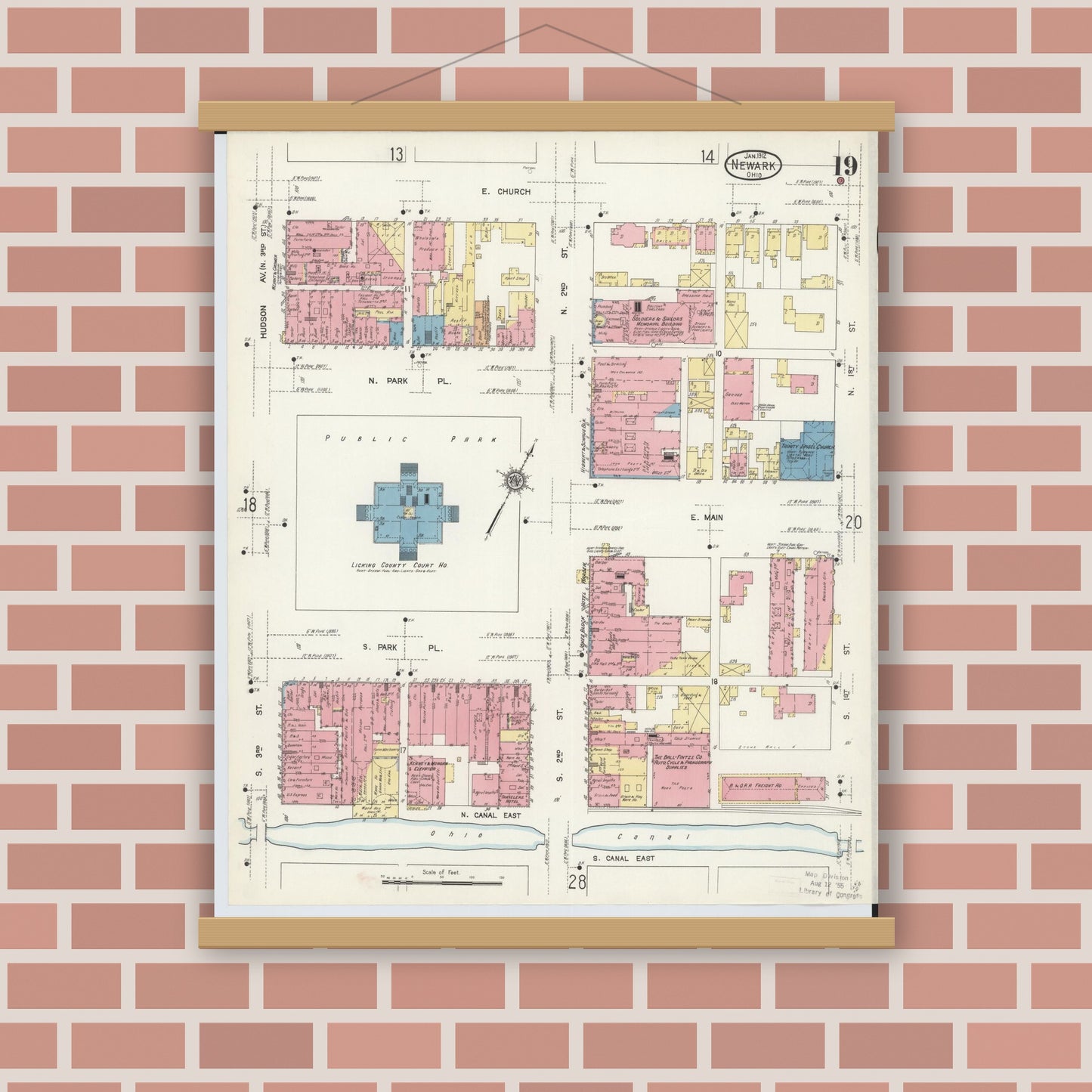 Old map wall art mockup — magnetic wood frame on brick wall — Sanborn Fire Insurance Map from Newark, Licking County, Ohio (1912), Sheet #0019