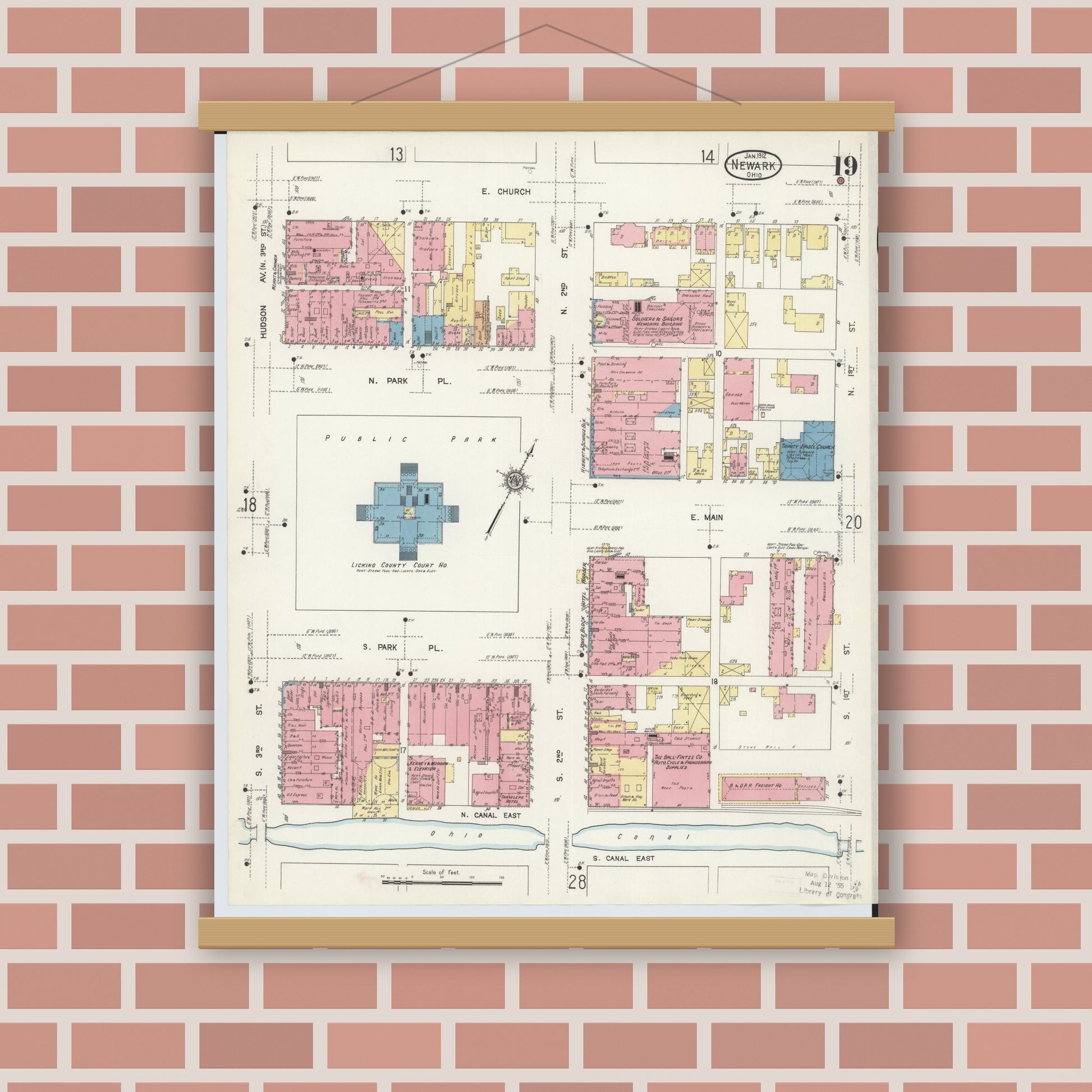 Old map wall art mockup — magnetic wood frame on brick wall — Sanborn Fire Insurance Map from Newark, Licking County, Ohio (1912), Sheet #0019