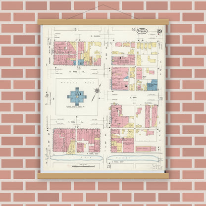 Old map wall art mockup — magnetic wood frame on brick wall — Sanborn Fire Insurance Map from Newark, Licking County, Ohio (1912), Sheet #0019