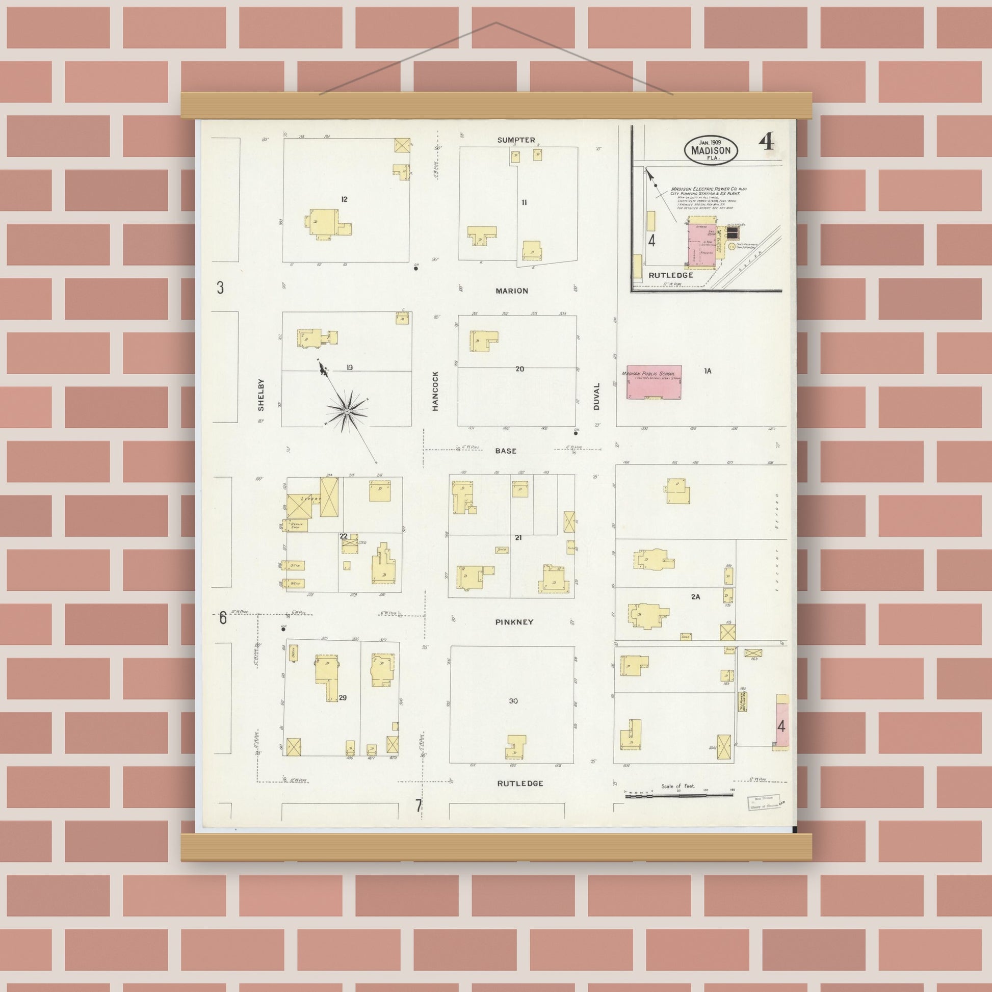 Old map wall art mockup — magnetic wood frame on brick wall — Sanborn Fire Insurance Map from Madison, Madison County, Florida (1909), Sheet #0004