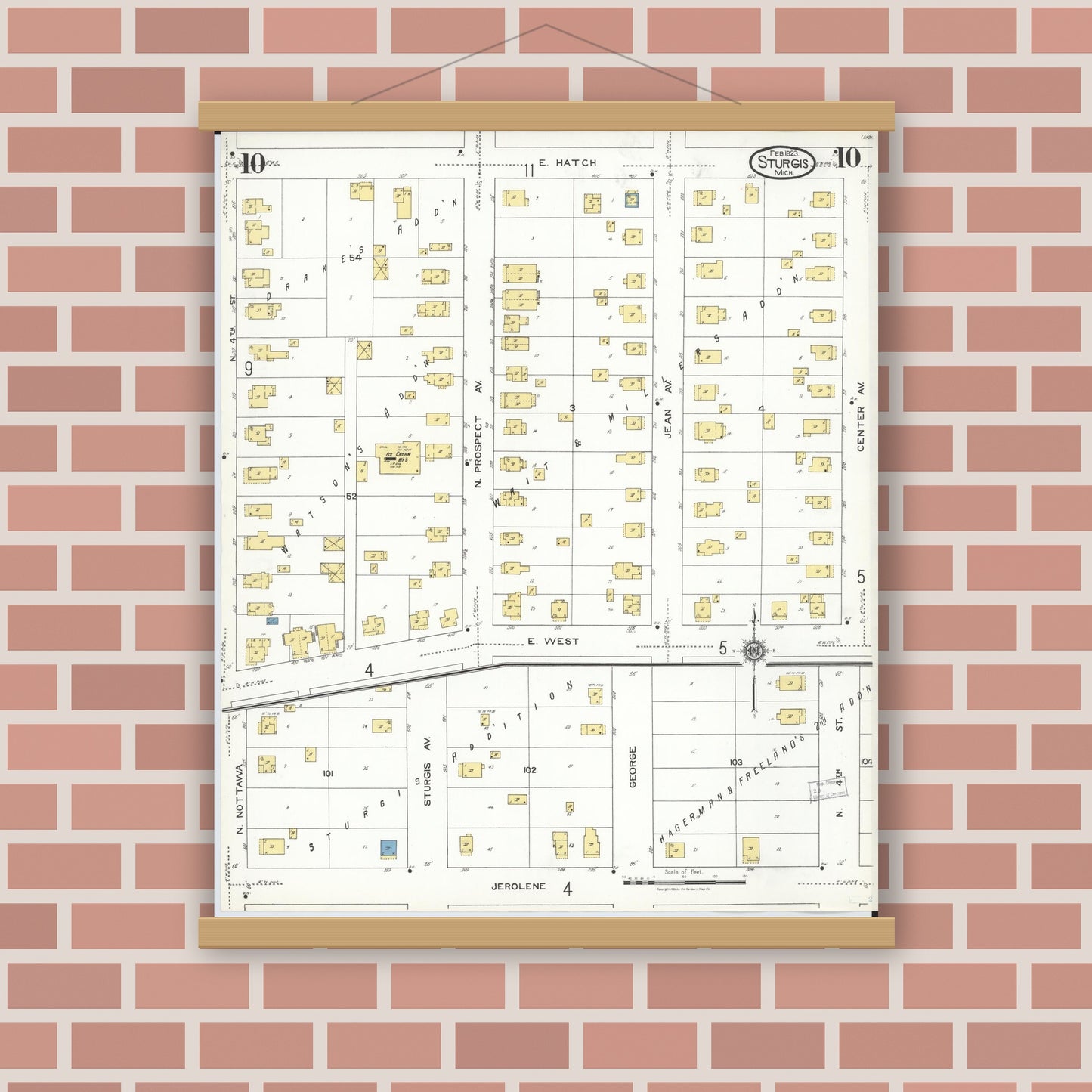 Old map wall art mockup — magnetic wood frame on brick wall — Sanborn Fire Insurance Map from Sturgis, Saint Joseph County, Michigan (1923), Sheet #0010