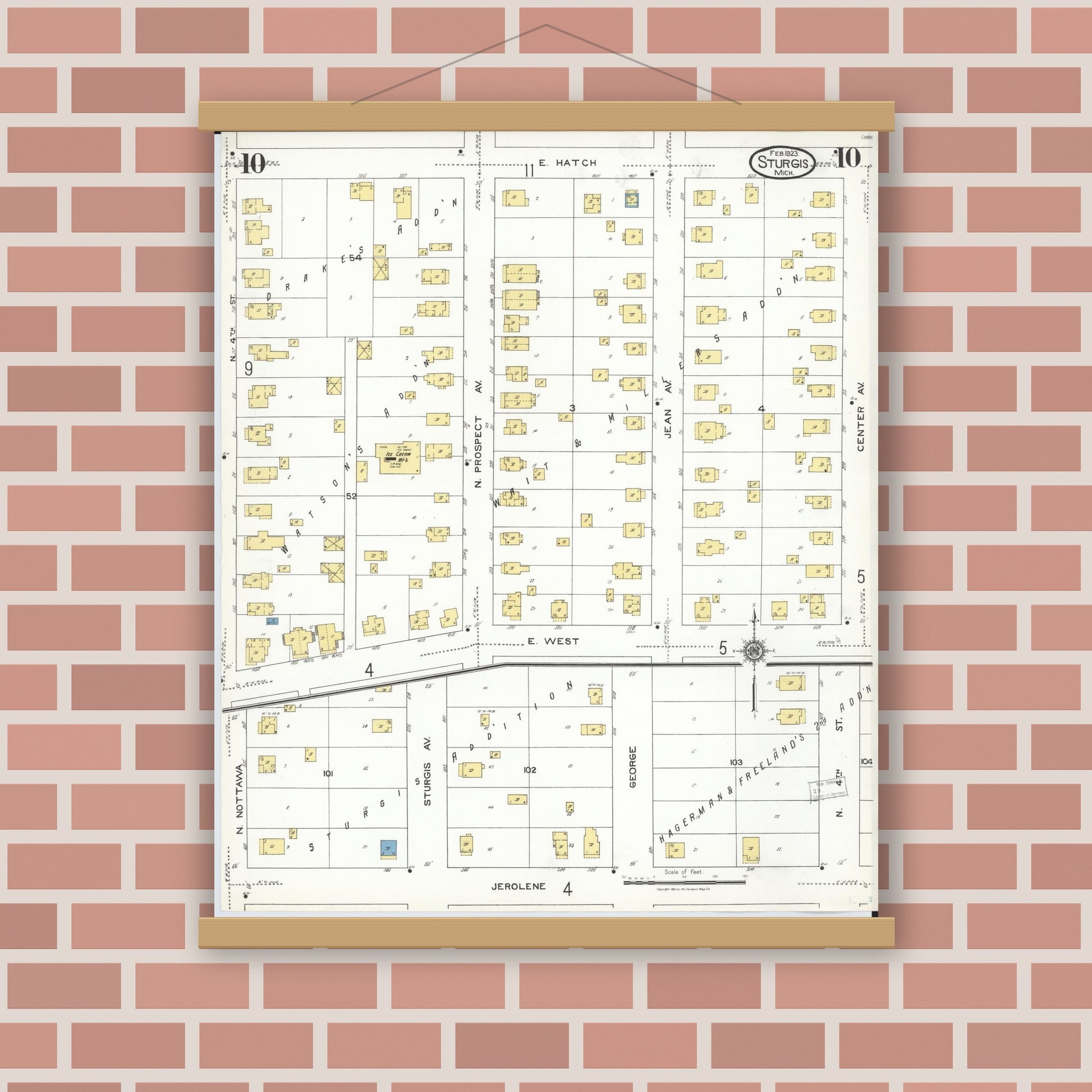 Old map wall art mockup — magnetic wood frame on brick wall — Sanborn Fire Insurance Map from Sturgis, Saint Joseph County, Michigan (1923), Sheet #0010
