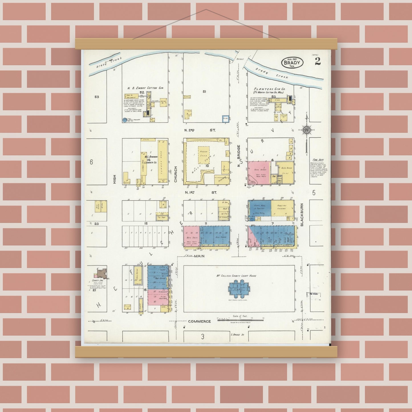 Old map wall art mockup — magnetic wood frame on brick wall — Sanborn Fire Insurance Map from Brady, McCulloch County, Texas (1921), Sheet #0002