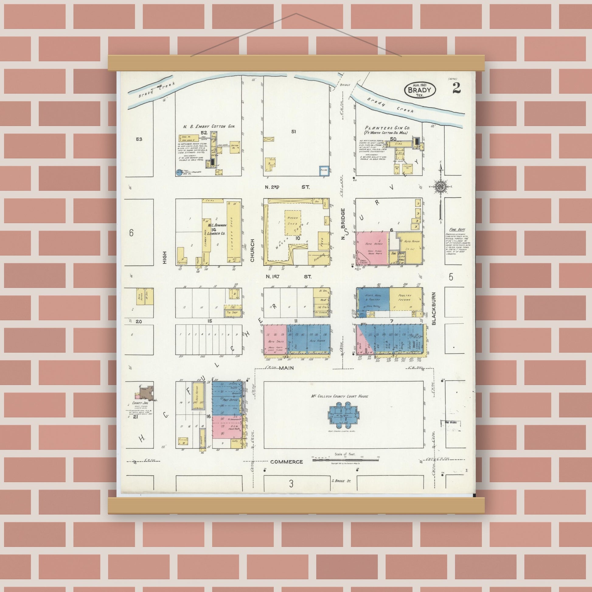 Old map wall art mockup — magnetic wood frame on brick wall — Sanborn Fire Insurance Map from Brady, McCulloch County, Texas (1921), Sheet #0002