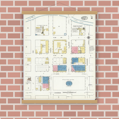Old map wall art mockup — magnetic wood frame on brick wall — Sanborn Fire Insurance Map from Brady, McCulloch County, Texas (1921), Sheet #0002