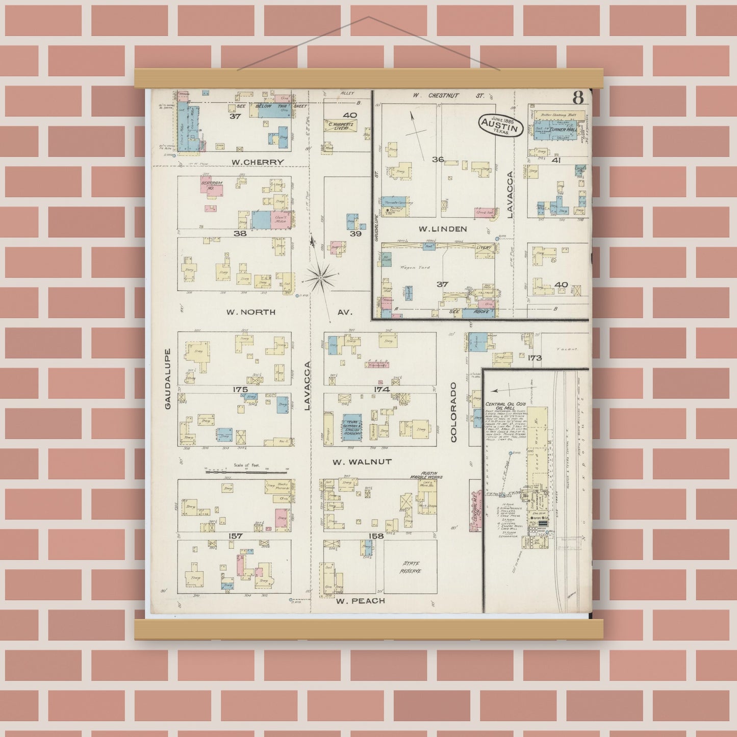 Old map wall art mockup — magnetic wood frame on brick wall — Sanborn Fire Insurance Map from Austin, Travis County, Texas (1885), Sheet #0008