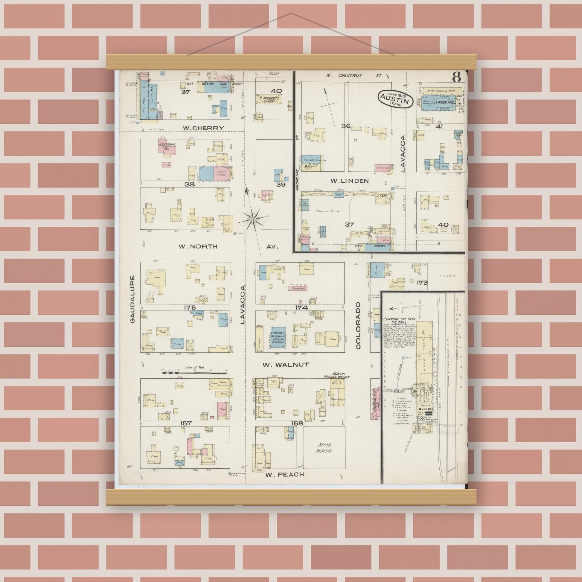 Old map wall art mockup — magnetic wood frame on brick wall — Sanborn Fire Insurance Map from Austin, Travis County, Texas (1885), Sheet #0008