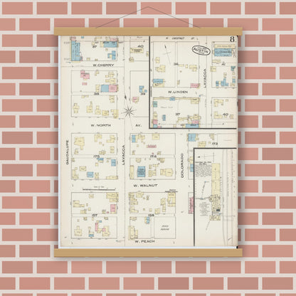 Old map wall art mockup — magnetic wood frame on brick wall — Sanborn Fire Insurance Map from Austin, Travis County, Texas (1885), Sheet #0008