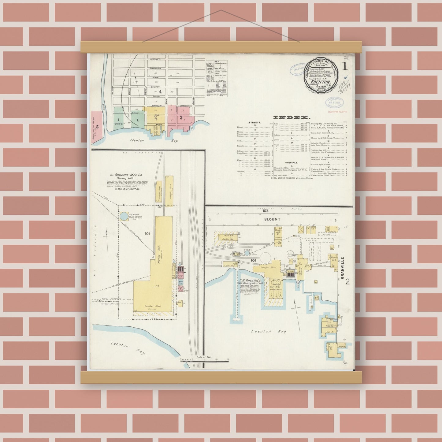Old map wall art mockup — magnetic wood frame on brick wall — Sanborn Fire Insurance Map from Edenton, Chowan County, North Carolina (1898), Sheet #0001
