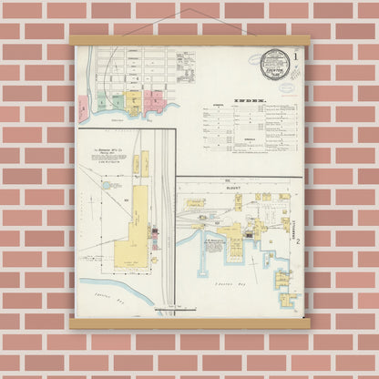 Old map wall art mockup — magnetic wood frame on brick wall — Sanborn Fire Insurance Map from Edenton, Chowan County, North Carolina (1898), Sheet #0001