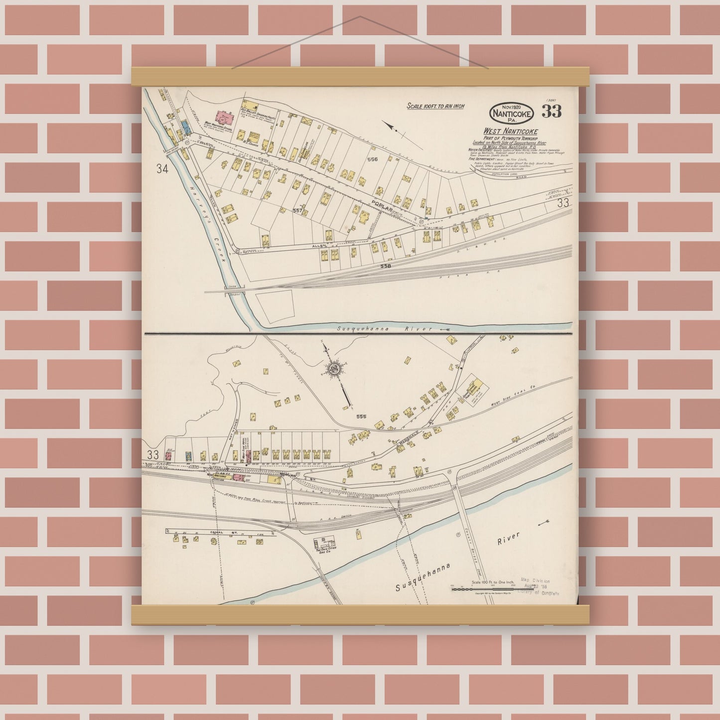 Old map wall art mockup — magnetic wood frame on brick wall — Sanborn Fire Insurance Map from Nanticoke, Luzerne County, Pennsylvania (1920), Sheet #0033