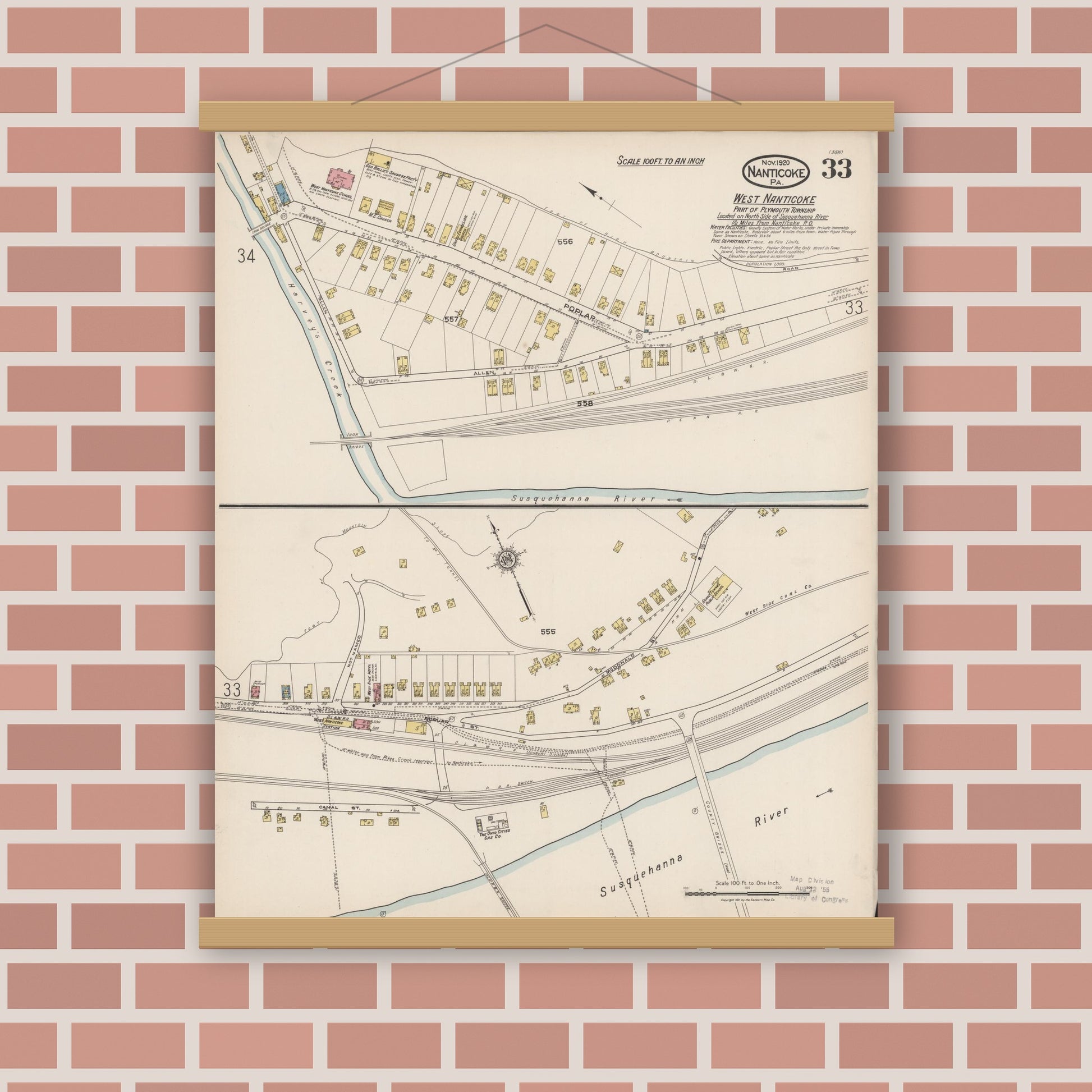 Old map wall art mockup — magnetic wood frame on brick wall — Sanborn Fire Insurance Map from Nanticoke, Luzerne County, Pennsylvania (1920), Sheet #0033