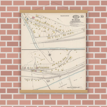 Old map wall art mockup — magnetic wood frame on brick wall — Sanborn Fire Insurance Map from Nanticoke, Luzerne County, Pennsylvania (1920), Sheet #0033