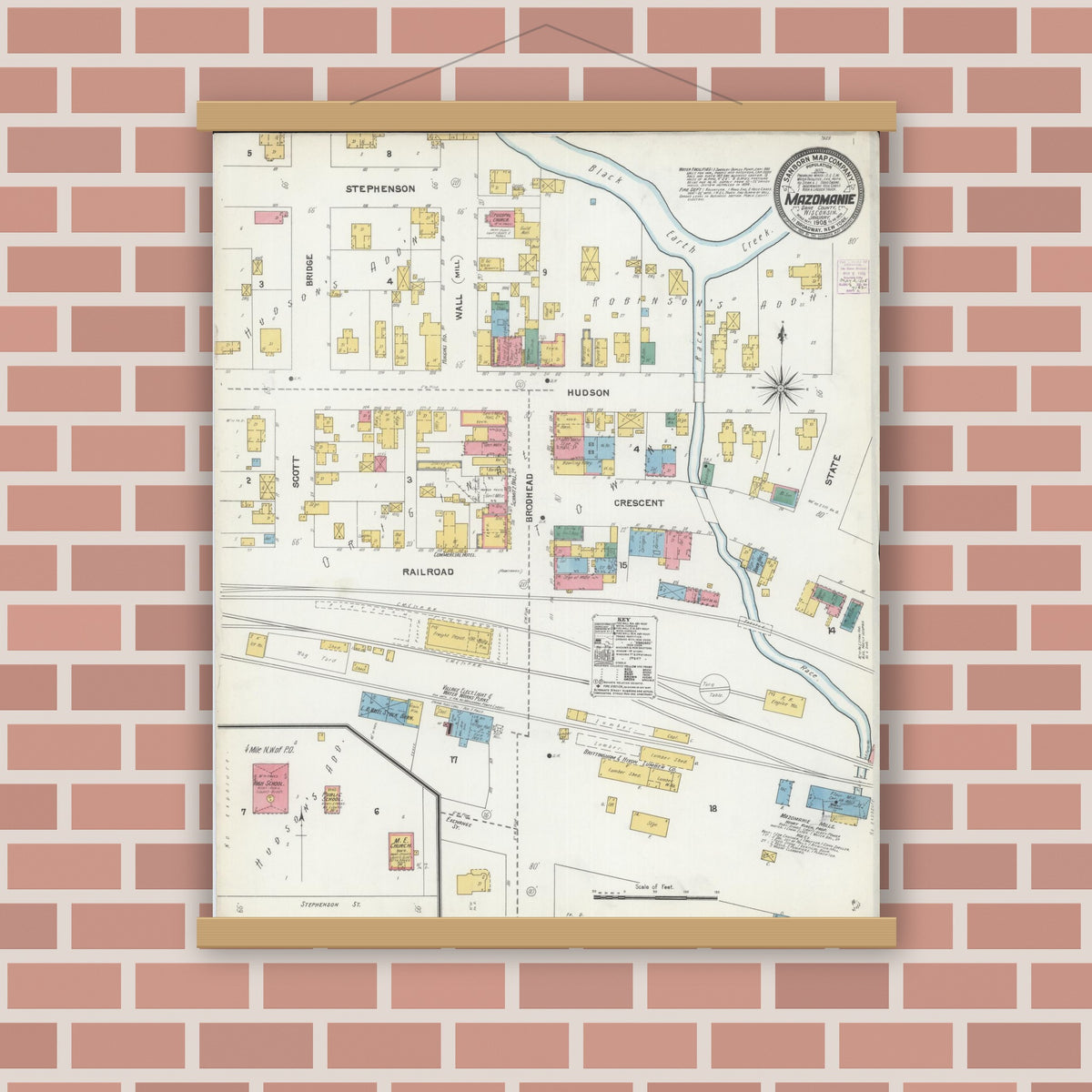 Old map wall art mockup — magnetic wood frame on brick wall — Sanborn Fire Insurance Map from Mazomanie, Dane County, Wisconsin (1905), Sheet #0001